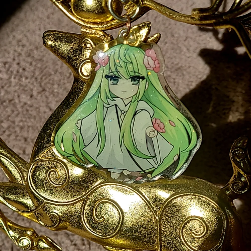 Green Anime Glittered Doubled Sided Holo Keychain with Star Clip